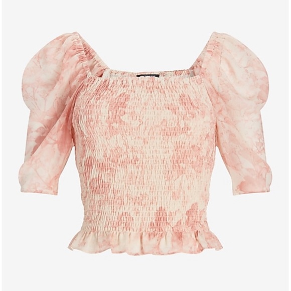 Express Abstract Puff Sleeve Smocked Top - Picture 1 of 6